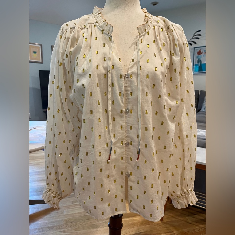 Anthropologie Cream and Gold Flutter Sleeve Top